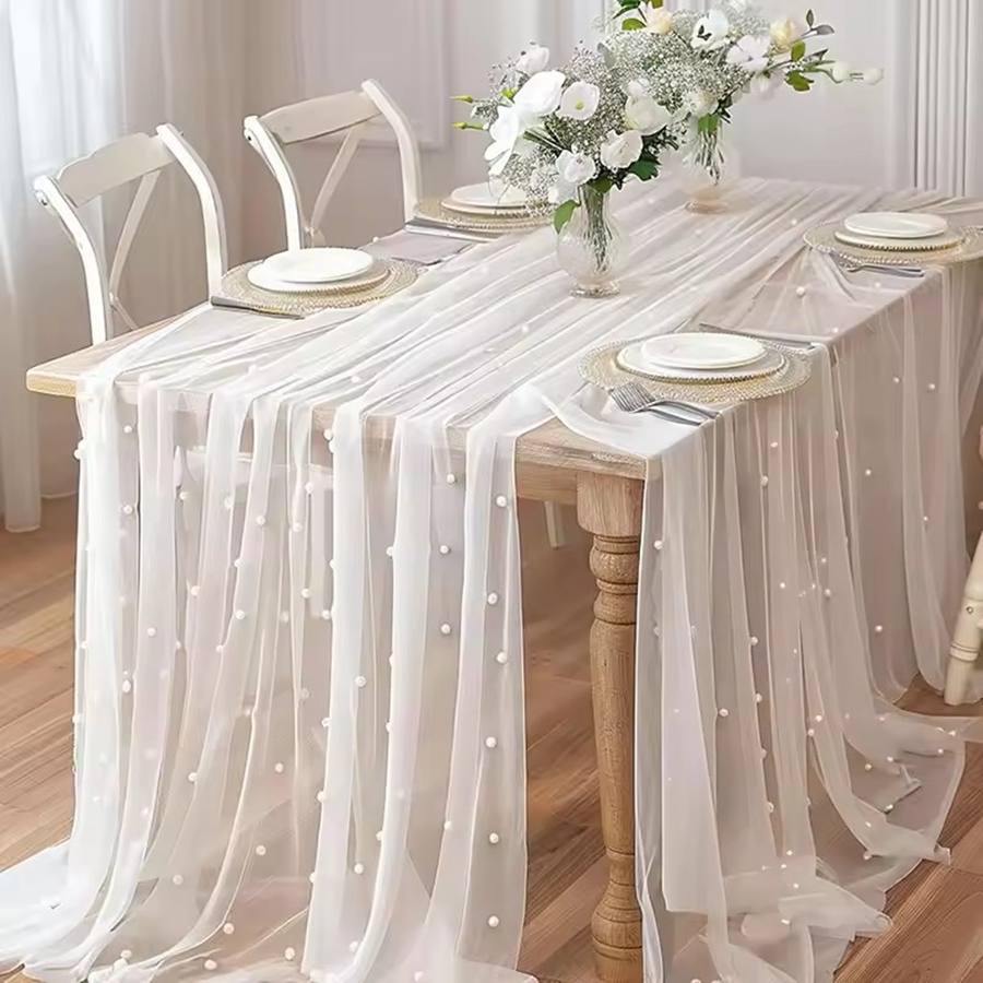 Christmas Table Runner - 300x80cm Pearl Sheer Tulle Table Runner