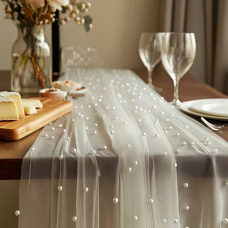 300x80cm Pearl Sheer Tulle Tab - đánh giá và giá Christmas Table Runner